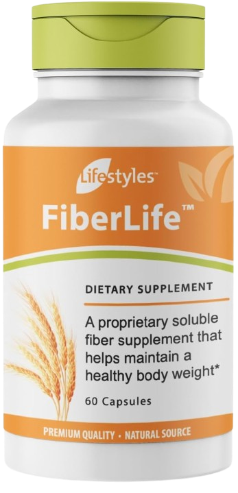 FiberLife dietary supplement bottle with 60 capsules, an orange and white label and a green cap