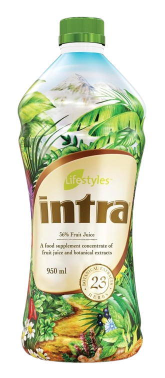 Intra 950 ml bottle, a herbal food supplement drink with 23 botanicals and 36% fruit juice