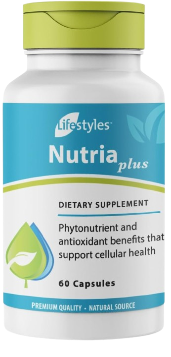 Nutria Plus dietary supplement bottle with 60 capsules and a blue label